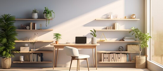 A simple home office decorated with plants provides a high-angle background, with copy space