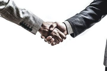 photograph of Two business people shaking hands white background cinematic lighting