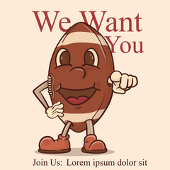 we want you to play football funky mascot pointing. gridiron american football mascot vintage style vector illustration with face.