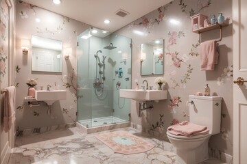 luxurious bathroom with elegant furniture and tasteful decor. Serene and spacious living space, peach and powder pink luxury interior design floral color toilet and shower with washbasin.