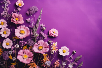 wild flowers on purple paper background, aesthetic look