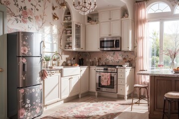 luxurious kitchen with elegant furniture and tasteful decor. Serene and spacious cooking space, peach and powder pink luxury interior design floral color refrigerator and oven with dinning table.