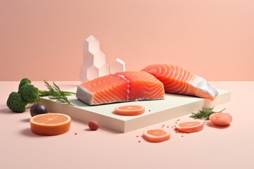 Corte de filete de salmón presentando con finas hierbas y naranja, sashimi aislado con fondo rosa aesthetic con sombras, lonja de pescado de lujo, pescaderia noruega 