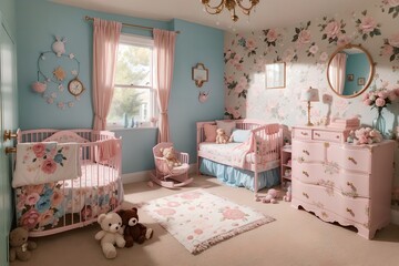 baby room with elegant furniture and tasteful decor. Serene and spacious living space, peach and powder pink luxury interior design floral color cot and cushion.