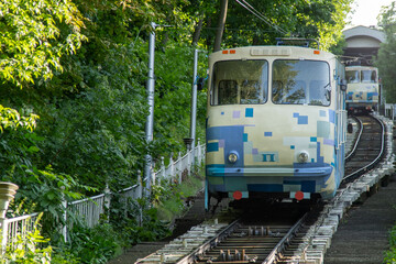 Fototapeta premium Public transport funicular. Kyiv, Ukraine. Ukrainian electric tram in Kiev