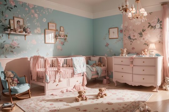 baby room with elegant furniture and tasteful decor. Serene and spacious living space, peach and powder pink luxury interior design floral color cot and cushion.