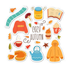 Cozy Autumn Sticker Collection. Vector Design Elements Sticky Set. Cute Cartoon Fall Sweater, Pumpkin Pie, Hot Tea, Book, Kettle and Leaves.