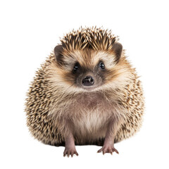Obraz premium Albiventris hedgehog sitting sideways, looking curiously up. white backround.
