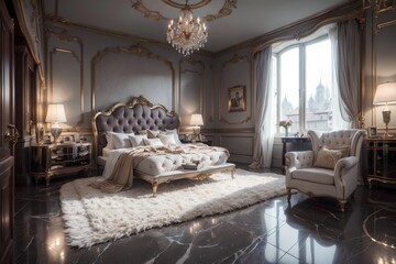 luxury comfortable bedroom with bed, armchair, side tables and mirror with big sunny window, luxurious room with black marbles floor interior design.