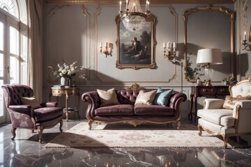 Fototapeta na wymiar inviting living room with luxurious furniture, reflecting wealth and history. elegant sofa and armchair classic interior design.