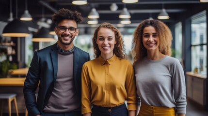 Fototapeta premium Multi-ethnic group of executive workers standing facing the camera in a coworking space