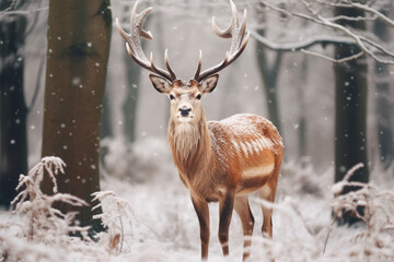 Naklejka na ściany i meble Wild noble deer in a fairytale winter forest, aesthetic look
