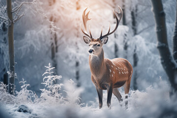 Wild noble deer in a fairytale winter forest, aesthetic look