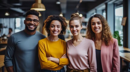 Multi-ethnic group of executive workers standing facing the camera in a coworking space
