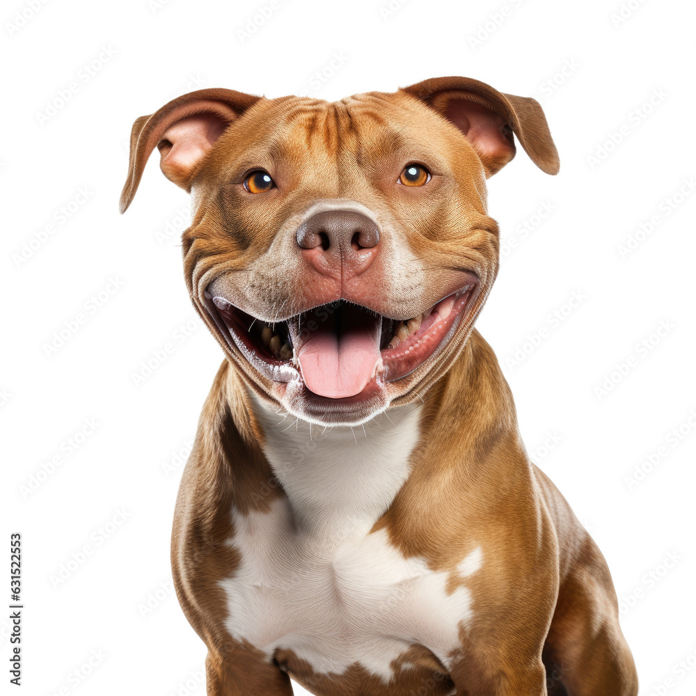 Wall mural A rescued pit bull posing in a studio, smiling against a white backround.