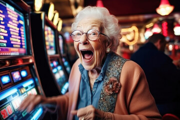 Amazed retired happy laughing gambler grandma playing slot machines, jackpot winner - obrazy, fototapety, plakaty