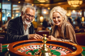 Couple of pensioners gamblers together playing roulette at casino, jackpot winners