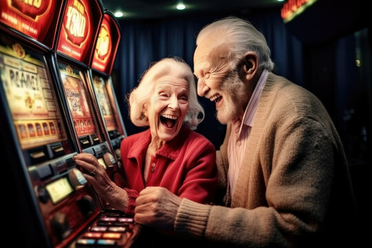 Amazed Laughing Joyful Satisfied Gambler Old Couple Together Playing Slot Machines, Jackpot Winners