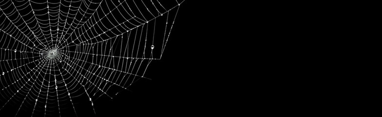 Obraz premium Spider web silhouette against black background. Halloween theme banner, card og invitation.