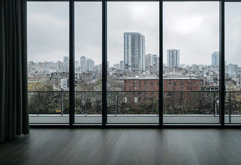 AI generative showroom with panoramic window viewing big city