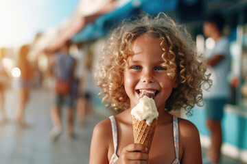 Satisfied cheerful carefree happy child eating ice cream outdoors - obrazy, fototapety, plakaty