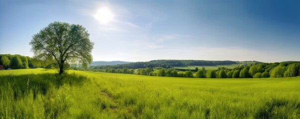 Grüne Landschaft mit Wiese, Bäumen und Feldern, Generative AI