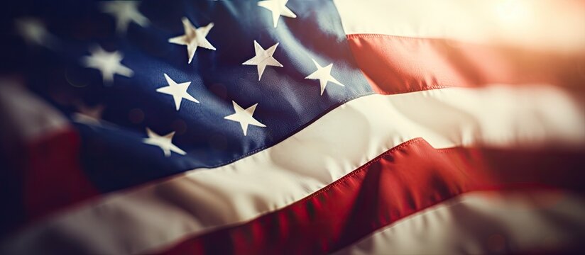 Independence Day, an American Flag in close-up, with a retro bottom view. is blurred, with copy
