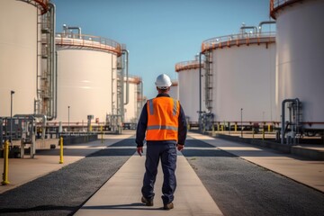 Engineer man worker at LPG storage plant, LNG liquefied natural gas tanks