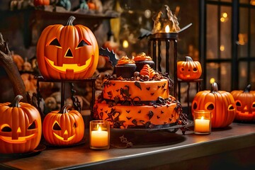 halloween jack o lantern and candles, cakes 