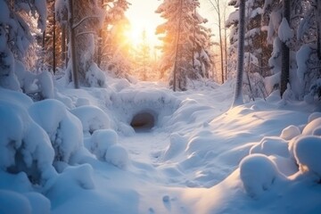 Landscape of a snowy forest in winter time with sun rays between the trees