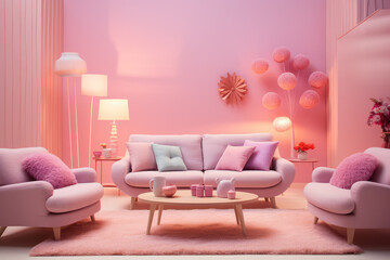Barbie photography shot of living room, ai generated.