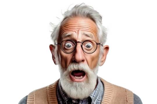 Portrait of amazed old man with an open mouth and round big eyes wearing eyeglasses on a transparent background - Powered by Adobe