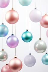 Obraz premium Decoración navideña con bolas de navidad de cristal con colores aesthetic, bolas de navidad colores pastel, Bolas de Navidad fondo blanco, bolas de navidad colgando del techo
