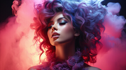 Fototapeta premium Women spitting magical colorful smoke. Wallpaper. 
