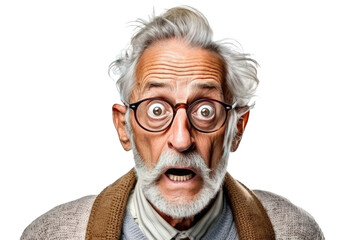 Portrait of amazed old man with an open mouth and round big eyes wearing eyeglasses on a transparent background - obrazy, fototapety, plakaty