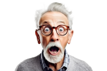 Portrait of amazed old man with an open mouth and round big eyes wearing eyeglasses on a transparent background