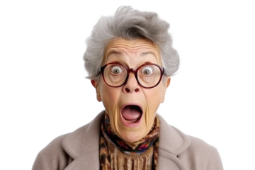 Portrait of amazed old woman with an open mouth and round big eyes wearing eyeglasses on a transparent background