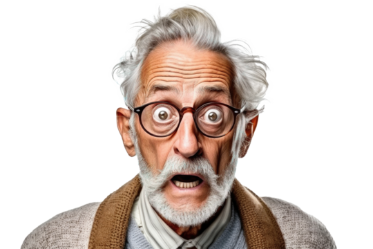 Portrait of amazed old man with an open mouth and round big eyes wearing eyeglasses on a transparent background