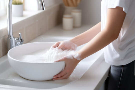 Woman cleaning white ceramic sink with baking soda, closeup, aesthetic look