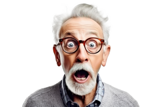 Portrait of amazed old man with an open mouth and round big eyes wearing eyeglasses on a transparent background