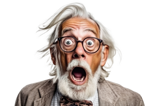 Portrait of amazed old man with an open mouth and round big eyes wearing eyeglasses on a transparent background