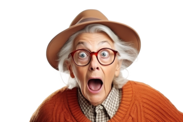Portrait of amazed old woman with an open mouth and round big eyes wearing hat and eyeglasses on a transparent background