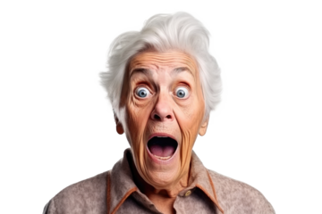 Portrait of amazed old woman with an open mouth and round big eyes on a transparent background
