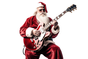 Cool Santa Claus plays the electric guitar on a transparent background