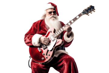 Cool Santa Claus plays the electric guitar on a transparent background