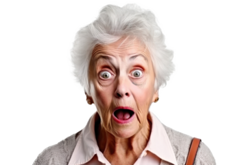 Portrait of amazed old woman with an open mouth and round big eyes on a transparent background