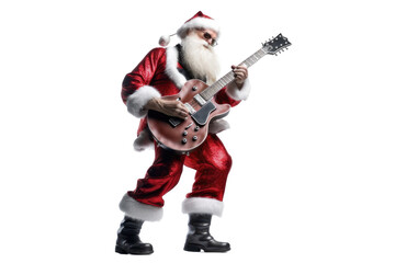 Cool Santa Claus plays the electric guitar on a transparent background