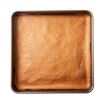 Top view of a nonstick rectangular baking pan with brown parchment paper, isolated against a white backround.