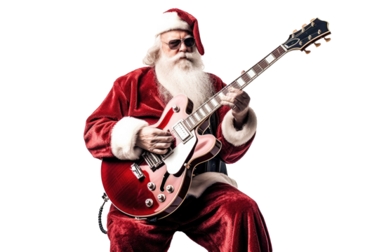 Cool Santa Claus plays the electric guitar on a transparent background