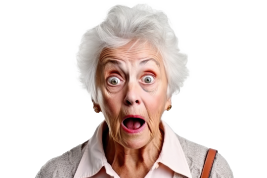 Portrait of amazed old woman with an open mouth and round big eyes on a transparent background